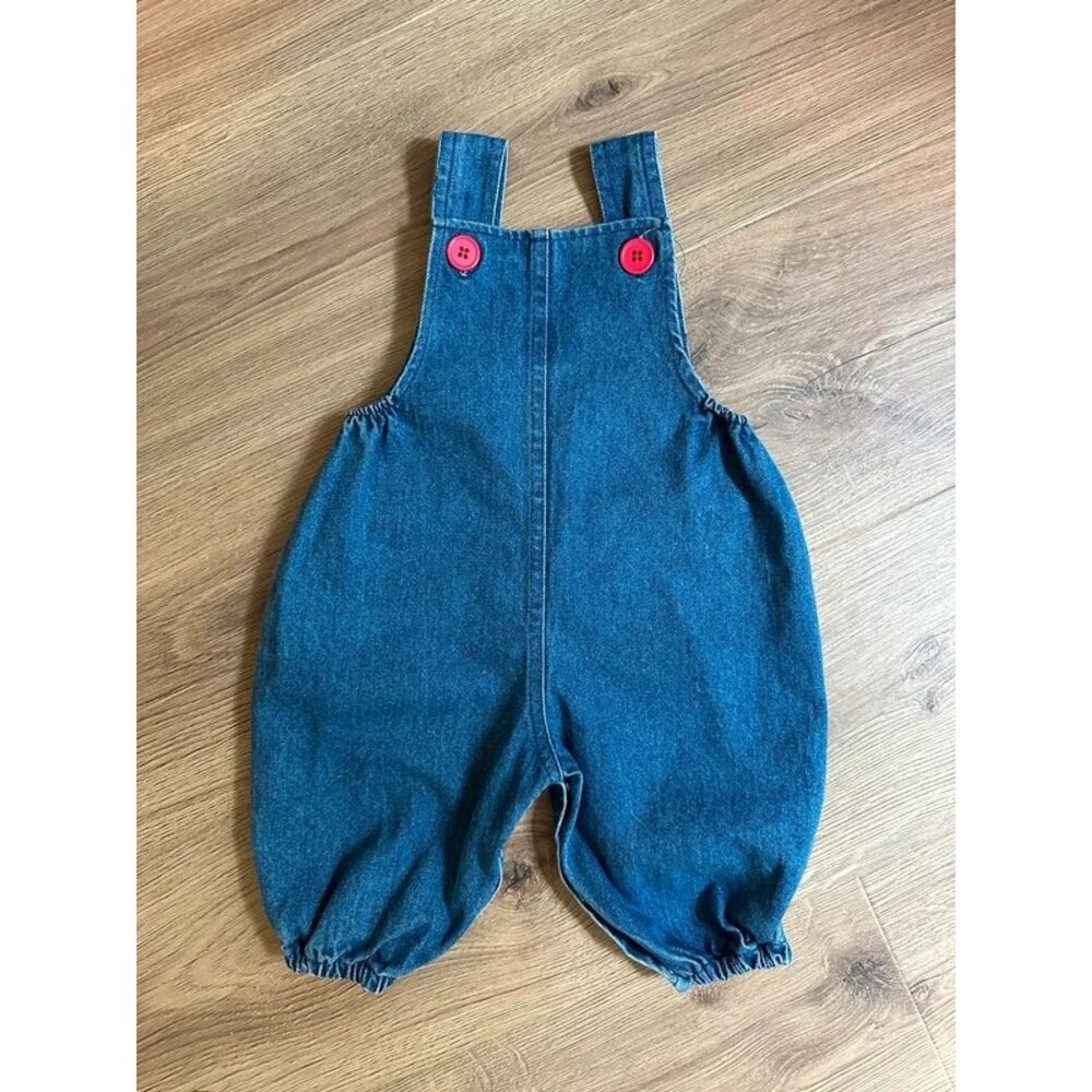 Vintage 90s Oshkosh B’gosh denim balloon overalls with red buttons 6-9m